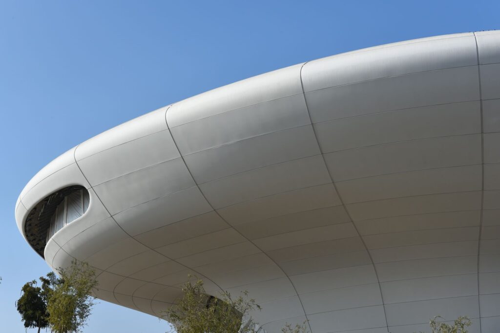 Detail of the Lucas Museum of Narrative Art in Exposition Park, still under construction, opening in 2026. Photo by Steve Cukrov.